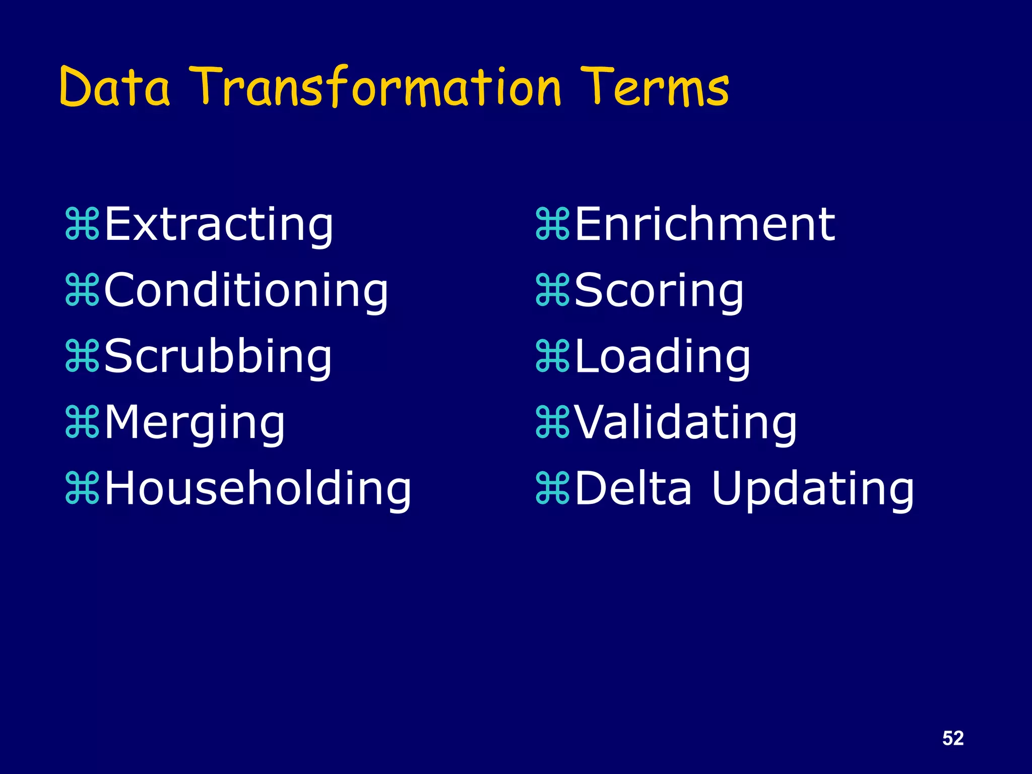 52
Data Transformation Terms
Extracting
Conditioning
Scrubbing
Merging
Householding
Enrichment
Scoring
Loading
Validating
Delta Updating
 