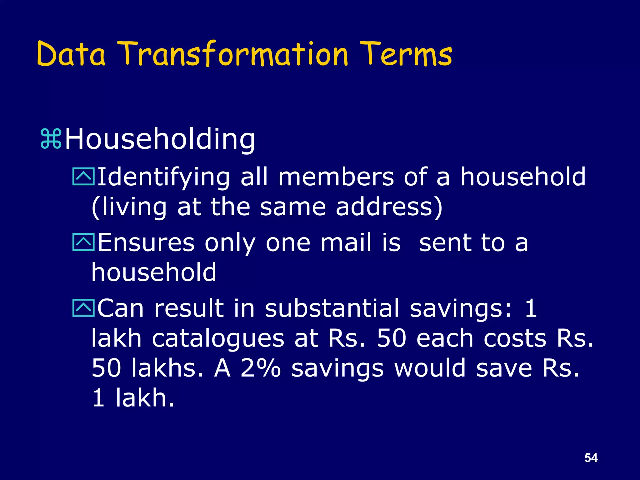 54
Data Transformation Terms
Householding
Identifying all members of a household
(living at the same address)
Ensures only one mail is sent to a
household
Can result in substantial savings: 1
lakh catalogues at Rs. 50 each costs Rs.
50 lakhs. A 2% savings would save Rs.
1 lakh.
 