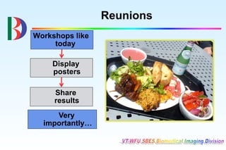 Reunions
Workshops like
     today

    Display
    posters

     Share
     results
     Very
  importantly…
 