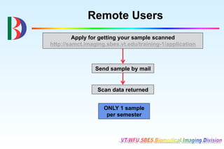 Remote Users
         Apply for getting your sample scanned
http://samct.imaging.sbes.vt.edu/training-1/application



                 Send sample by mail


                 Scan data returned


                    ONLY 1 sample
                     per semester
 