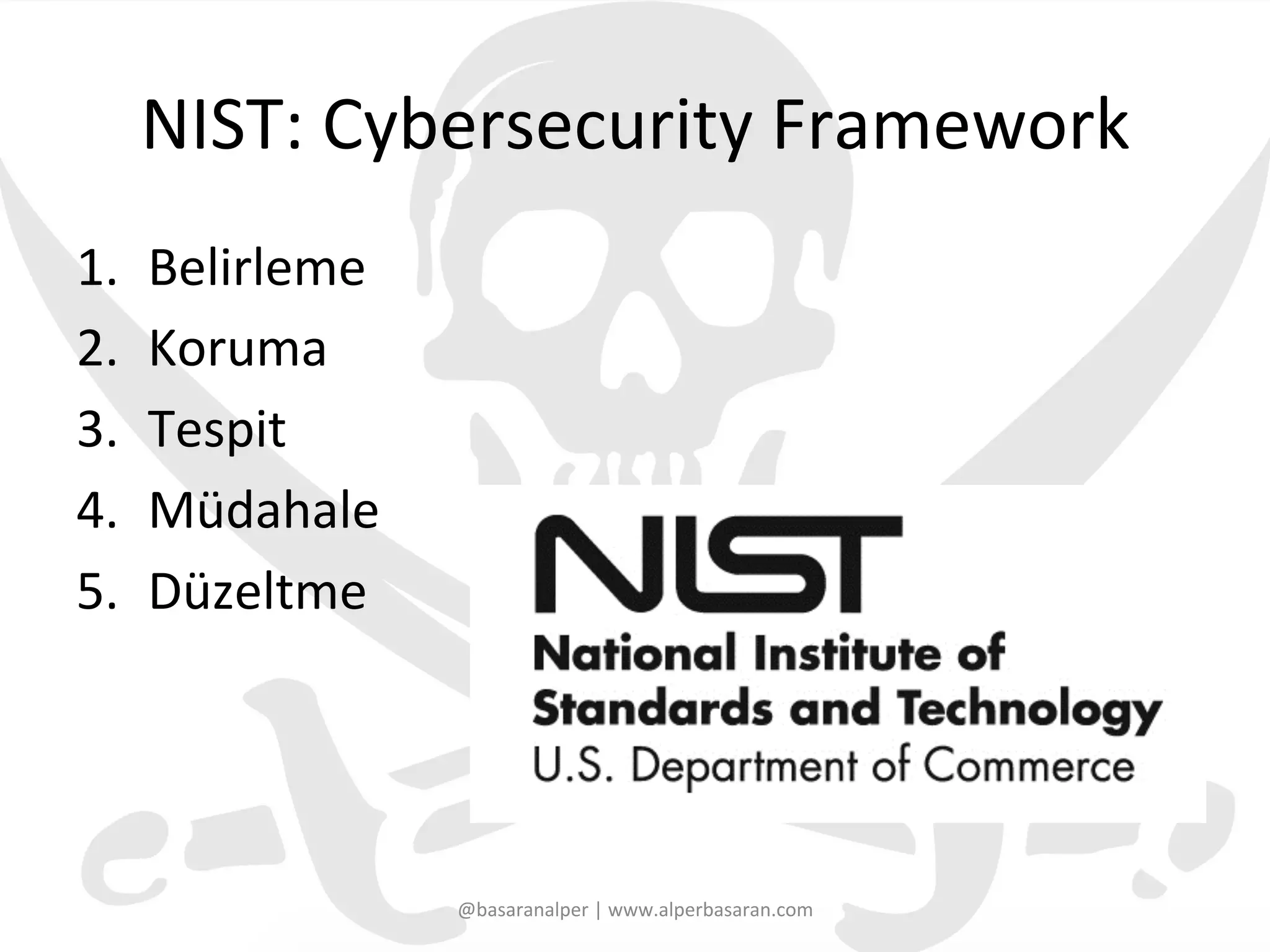 NIST:	
  Cybersecurity	
  Framework	
  
1.  Belirleme	
  
2.  Koruma	
  
3.  Tespit	
  	
  
4.  Müdahale	
  
5.  Düzeltme	
  
@basaranalper	
  |	
  www.alperbasaran.com	
  
 