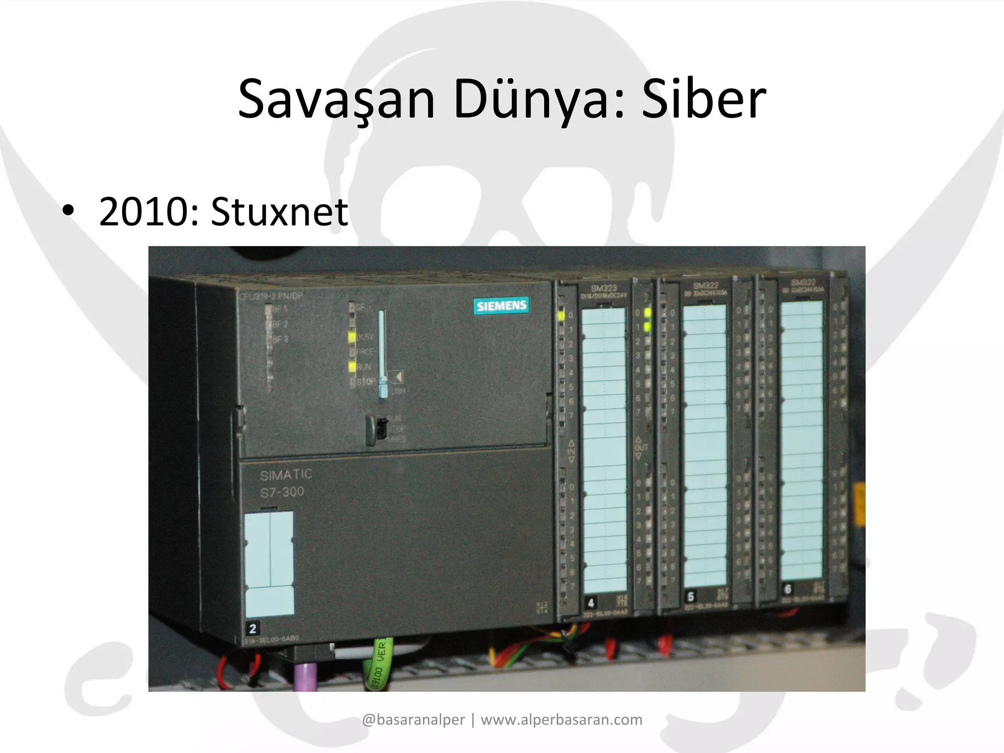 Savaşan	
  Dünya:	
  Siber	
  
•  2010:	
  Stuxnet	
  
@basaranalper	
  |	
  www.alperbasaran.com	
  
 