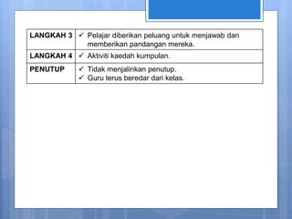 LANGKAH 3  Pelajar diberikan peluang untuk menjawab dan
memberikan pandangan mereka.
LANGKAH 4  Aktiviti kaedah kumpulan.
PENUTUP  Tidak menjalinkan penutup.
 Guru terus beredar dari kelas.
 