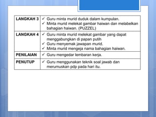 LANGKAH 3  Guru minta murid duduk dalam kumpulan.
 Minta murid melekat gambar haiwan dan melabelkan
bahagian haiwan. (PUZZEL)
LANGKAH 4  Guru minta murid melekat gambar yang dapat
menggabungkan di papan putih
 Guru menyemak jawapan murid.
 Minta murid mengeja nama bahagian haiwan.
PENILAIAN  Guru mengedar lembaran kerja.
PENUTUP  Guru menggunakan teknik soal jawab dan
merumuskan pdp pada hari itu.
 
