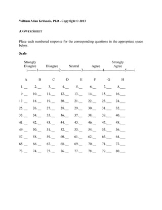 William Allan Kritsonis, PhD - Copyright © 2013


ANSWER SHEET

Place each numbered response for the corresponding questions in the appropriate space
below.

Scale

   Strongly                                                                   Strongly
   Disagree           Disagree           Neutral             Agree             Agree
     |--------1------------------2------------------3-----------------4------------------5-------|

    A          B           C           D          E           F           G           H

 1. __      2. __      3. __       4. __       5. __       6. __       7.___      8.___

 9. __    10. __      11. __      12. __     13. __      14. __      15.___      16.___

17. __    18. __      19. __      20. __     21. __      22. __      23.___      24.___

25. __    26. __      27. __      28. __     29. __      30. __      31.___      32.___

33. __    34. __      35. __      36. __     37. __      38. __      39.___      40.___

41. __    42. __      43. __      44. __     45. __      46. __      47.___      48.___

49. __    50. __      51. __      52. __     53. __      54. __      55.___      56.___

57. __    58. __      59. __      60. __     61. __      62. __      63.___      64.___

65. __    66. __      67. __      68. __     69. __      70. __      71.___      72.___

73. __    74. __      75. __      76. __     77. __      78. __      79.___      80.___
 
