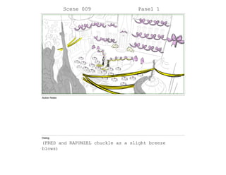 Scene 009 Panel 1
Action Notes
Dialog
(FRED and RAPUNZEL chuckle as a slight breeze
blows)
 