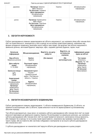 26.04.2017 Перегляд декларації | ЄДИНИЙ ДЕРЖАВНИЙ РЕЄСТР ДЕКЛАРАЦІЙ
https://public.nazk.gov.ua/declaration/a6d5a835­afc0­4ab0­812f­ef3e5215f403 3/7
дружина Прізвище: Шматко
Ім'я: Наталья
По батькові: Ігоревна
Дата народження:
[Конфіденційна
інформація]
Україна [Конфіденційна
інформація]
дочка Прізвище: Кривошапка
Ім'я: Марія
По батькові: Сергіївна
Дата народження:
[Конфіденційна
інформація]
Україна [Конфіденційна
інформація]
3.   ОБ'ЄКТИ НЕРУХОМОСТІ
Суб'єкт декларування повинен задекларувати всі об'єкти нерухомості, що належать йому або членам його
сім’ї на праві власності, знаходяться у них в оренді чи на іншому праві користування, незалежно від
форми укладення правочину, внаслідок якого набуте таке право. Це включає такі об’єкти нерухомості:
земельна ділянка, житловий будинок, квартира, офіс, садовий (дачний) будинок, гараж, інше.
Загальна
інформація
Місцезнаходження
Вартість на дату
набуття
Вартість за
останньою
оцінкою
Інформація щодо
прав на об'єкт
Вид об'єкта:
Земельна ділянка
 
Дата набуття
права:
11.10.2002
 
Загальна площа
(м2
):
2249
 
Кадастровий
номер:
[Конфіденційна
інформація]
Прізвище:
Кривошапка
Ім'я: Сергій
По батькові:
Миколайович
Країна:
Україна
 
Поштовий індекс:
[Конфіденційна
інформація]
 
Населений пункт:
Піщане /
Кременчуцький
район / Полтавська
область / Україна
 
Адреса:
[Конфіденційна
інформація]
[Не відомо] [Не
застосовується]
Тип права:
Власність
Відсоток, %: 100
Прізвище:
Кривошапка
Ім'я: Сергій
По батькові:
Миколайович
 
4.   ОБ'ЄКТИ НЕЗАВЕРШЕНОГО БУДІВНИЦТВА
Суб’єкт декларування повинен задекларувати: 1) об’єкти незавершеного будівництва; 2) об’єкти, не
прийняті в експлуатацію; або 3) об'єкти, право власності на які не зареєстроване в установленому
законом порядку.
Такі об'єкти декларуються, якщо вони: а) належать суб’єкту декларування або членам його сім’ї на праві
власності відповідно до Цивільного кодексу України; б) розташовані на земельних ділянках, що належать
суб’єкту декларування або членам його сім’ї на праві приватної власності, включаючи спільну власність,
або передані їм в оренду чи на іншому праві користування, незалежно від правових підстав набуття
такого права; або в) повністю або частково побудовані з матеріалів чи за кошти суб’єкта декларування
або членів його сім’ї.
У суб'єкта декларування чи членів його сім'ї відсутні об'єкти для декларування в цьому розділі
 