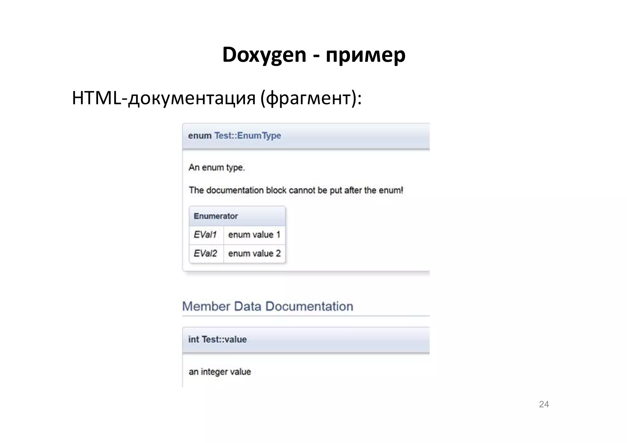 Doxygen - пример
HTML-документация (фрагмент):

24

 