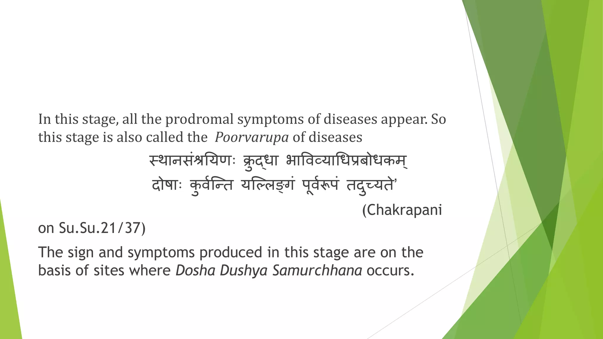 In this stage, all the prodromal symptoms of diseases appear. So
this stage is also called the Poorvarupa of diseases
स्थानसंश्रतयणः िु द्धा भात्तवव्याधधप्रबोधकम्
दोषाः कु वणकन्त यकललङ्गं पूवणरूपं तदुच्यते’
(Chakrapani
on Su.Su.21/37)
The sign and symptoms produced in this stage are on the
basis of sites where Dosha Dushya Samurchhana occurs.
 