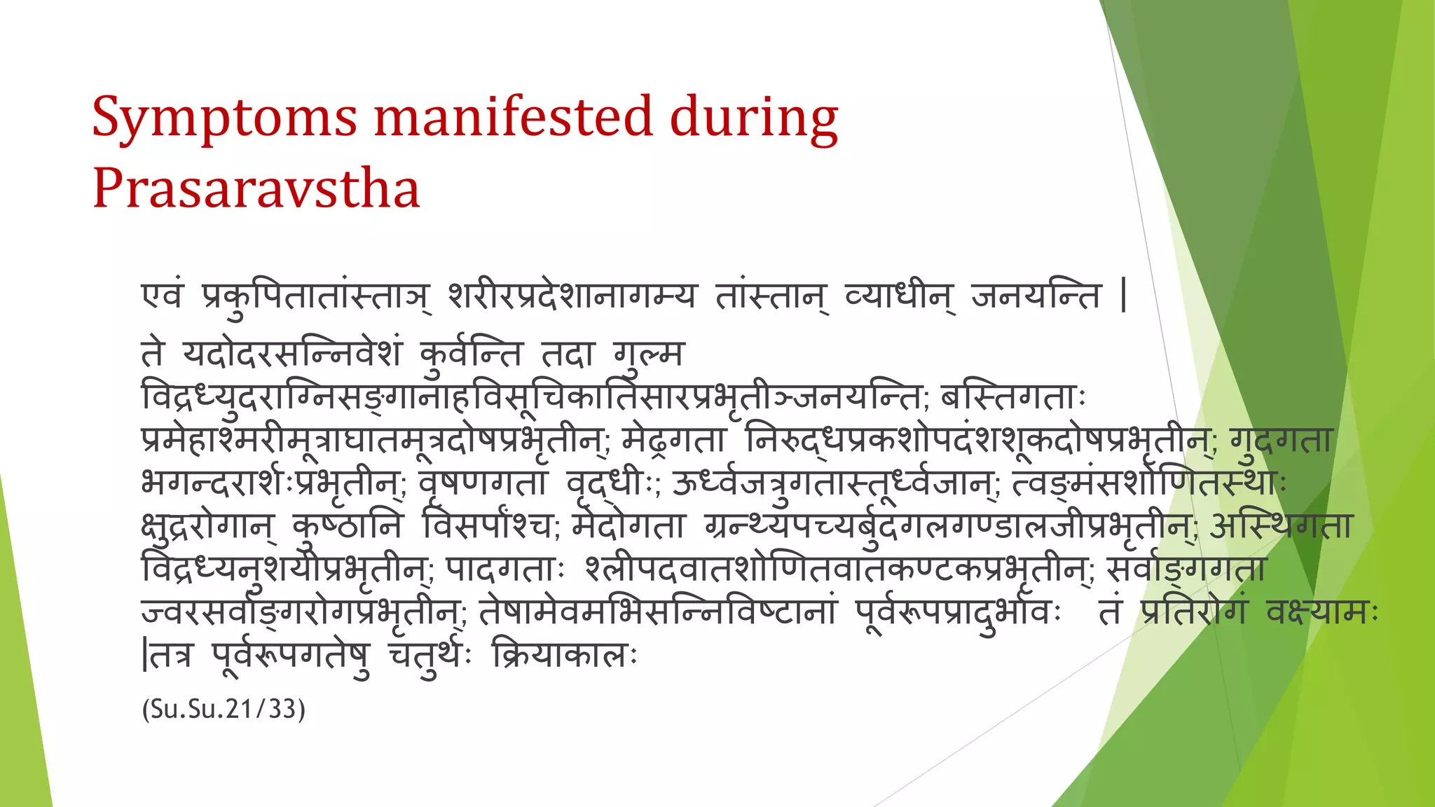 Symptoms manifested during
Prasaravstha
एवं प्रकु त्तपतातांस्ताञ् र्रीरप्रदेर्ानागम्य तांस्तान् व्याधीन् जनयकन्त |
ते यदोदरसकन्नवेर्ं कु वणकन्त तदा गुलम
त्तवद्रध्युदराकननसङ्गानाहत्तवसूधचकाततसारप्रभृतीञ्जनयकन्त; बकस्तगताः
प्रमेहाश्मरीमूत्राघातमूत्रदोषप्रभृतीन्; मेढ्रगता तनरुद्धप्रकर्ोपदंर्र्ूकदोषप्रभृतीन्; गुदगता
भगन्दरार्णःप्रभृतीन्; वृषणगता वृद्धीः; ऊध्वणजत्रुगतास्तूध्वणजान्; ्वङ्मंसर्ोणणतस्थाः
िुद्ररोगान् कु ष्ठातन त्तवसपाांश्च; मेदोगता ग्रन््यपच्यबुणदगलगण्डालजीप्रभृतीन्; अकस्थगता
त्तवद्रध्यनुर्यीप्रभृतीन्; पादगताः श्लीपदवातर्ोणणतवातकण्टकप्रभृतीन्; सवाणङ्गगता
ज्वरसवाणङ्गरोगप्रभृतीन्; तेषामेवमभभसकन्नत्तवष्टानां पूवणरूपप्रादुभाणवः तं प्रततरोगं वक्ष्यामः
|तत्र पूवणरूपगतेषु चतुथणः क्रियाकालः
(Su.Su.21/33)
 