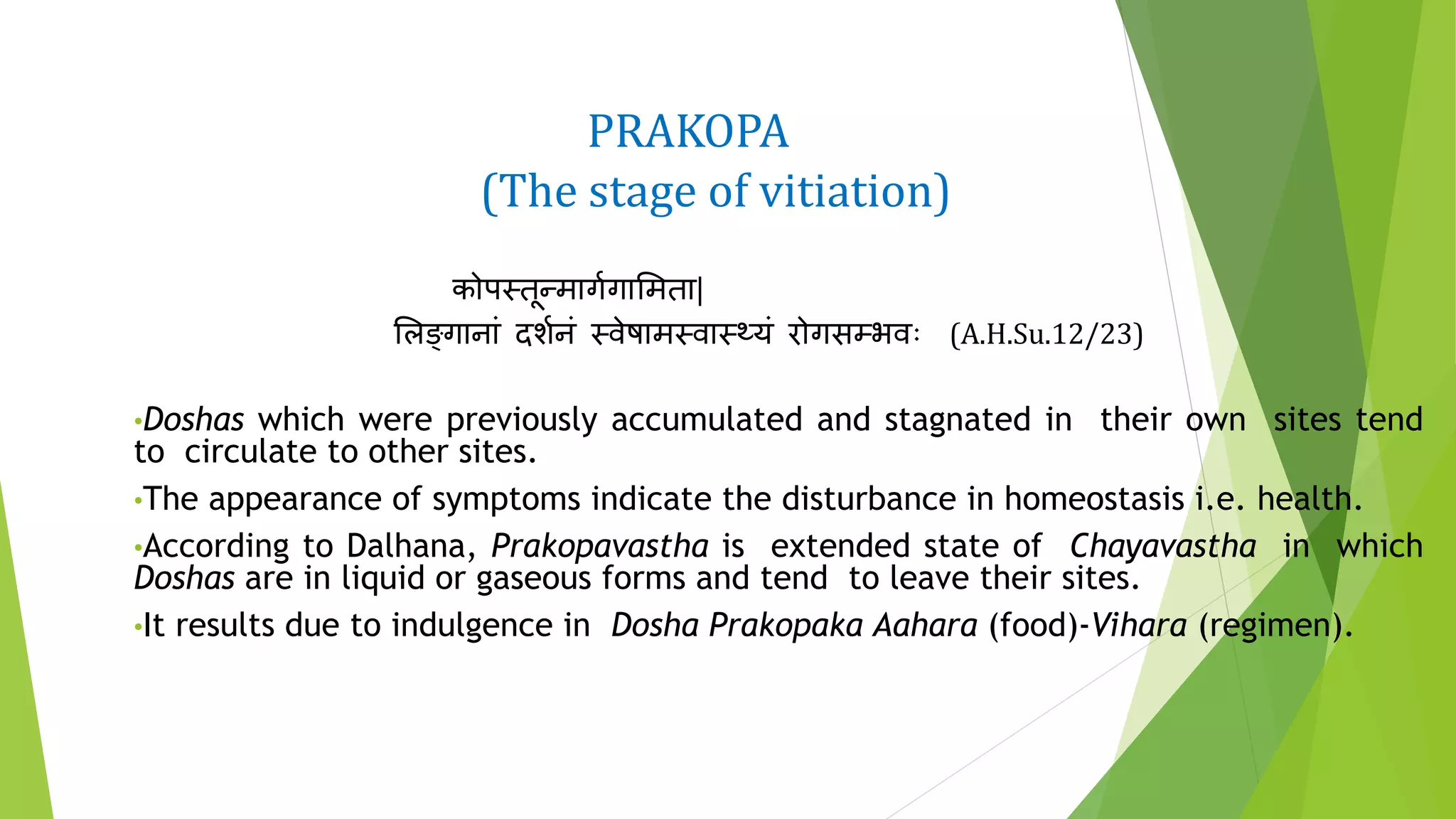 PRAKOPA
(The stage of vitiation)
कोपस्तून्मागणगाभमता|
भलङ्गानां दर्णनं स्वेषामस्वास््यं रोगसम्भवः (A.H.Su.12/23)
•Doshas which were previously accumulated and stagnated in their own sites tend
to circulate to other sites.
•The appearance of symptoms indicate the disturbance in homeostasis i.e. health.
•According to Dalhana, Prakopavastha is extended state of Chayavastha in which
Doshas are in liquid or gaseous forms and tend to leave their sites.
•It results due to indulgence in Dosha Prakopaka Aahara (food)-Vihara (regimen).
 