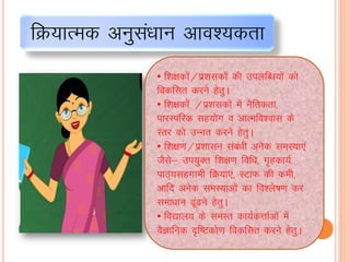 fØ;kRed vuqlaèkku vko';drk
• f'k{kdksa@iz”kldksa dh miyfCèk;ksa dks
fodflr djus gsrqA
• f'k{kdksa @iz”kldksa esa uSfrdrk]
ikjLifjd lg;ksx o vkRefo”okl ds
Lrj dks mUur djus gsrqA
• f'k{k.k@iz”kklu laca/kh vusd leL;k,a
tSls& mi;qDr f'k{k.k fofèk] x`gdk;Z]
ikB~;lgxkeh fØ;k,a] LVkQ dh deh]
vkfn vusd leL;kvksa dk fo'ys"k.k dj
lekèkku <wa<us gsrqA
• fo|ky; ds leLr dk;ZdÙkkZvksa esa
oSKkfud –f"Vdks.k fodflr djus gsrqA
 