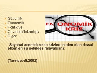  Güvenlik
 Ekonomik
 Politik ve
 Çevresel/Teknolojik
 Diger
Seyahat acentalarında krizlere neden olan dıssal
etkenleri su sekildesıralayabiliriz
(Tanrısevdi,2002);
 