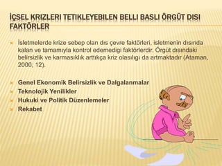 İÇSEL KRIZLERI TETIKLEYEBILEN BELLI BASLI ÖRGÜT DISI
FAKTÖRLER
 İsletmelerde krize sebep olan dıs çevre faktörleri, isletmenin dısında
kalan ve tamamıyla kontrol edemedigi faktörlerdir. Örgüt dısındaki
belirsizlik ve karmasıklık arttıkça kriz olasılıgı da artmaktadır (Ataman,
2000; 12).
 Genel Ekonomik Belirsizlik ve Dalgalanmalar
 Teknolojik Yenilikler
 Hukuki ve Politik Düzenlemeler
 Rekabet
 