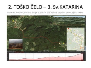2. TOŠKO ČELO – 3. Sv.KATARINA Start ob 9.00 uri, dolžina proge 4.620 m, čas 35min, vzpon +287m, spust -98m 