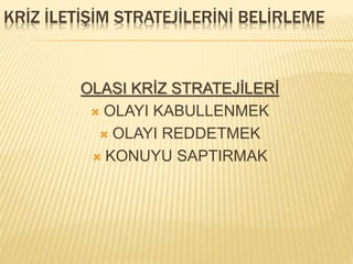 KRİZ İLETİŞİM STRATEJİLERİNİ BELİRLEME
OLASI KRİZ STRATEJİLERİ
 OLAYI KABULLENMEK
 OLAYI REDDETMEK
 KONUYU SAPTIRMAK
 