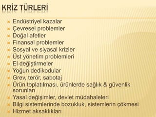 KRİZ TÜRLERİ
 Endüstriyel kazalar
 Çevresel problemler
 Doğal afetler
 Finansal problemler
 Sosyal ve siyasal krizler
 Üst yönetim problemleri
 El değiştirmeler
 Yoğun dedikodular
 Grev, terör, sabotaj
 Ürün toplatılması, ürünlerde sağlık & güvenlik
sorunları
 Yasal değişimler, devlet müdahaleleri
 Bilgi sistemlerinde bozukluk, sistemlerin çökmesi
 Hizmet aksaklıkları
 