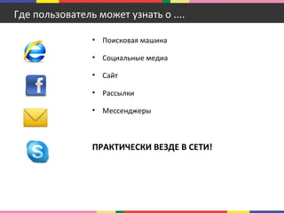 Где пользователь может узнать о ....
• Поисковая машина
• Социальные медиа
• Сайт
• Рассылки
• Мессенджеры
ПРАКТИЧЕСКИ ВЕЗДЕ В СЕТИ!
 