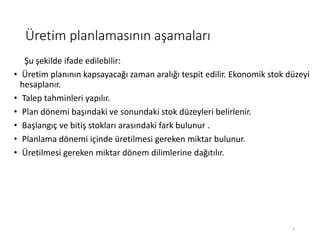 Üپ planlamasının aşamaları
Şu şekilde ifade edilebilir:
• Üپ planının kapsayacağı zaman aralığı tespit edilir. Ekonomik stok düzeyi
hesaplanır.
• Talep tahminleri yapılır.
• Plan dönemi başındaki ve sonundaki stok düzeyleri belirlenir.
• Başlangıç ve bitiş stokları arasındaki fark bulunur .
• Planlama dönemi içinde üretilmesi gereken miktar bulunur.
• Üretilmesi gereken miktar dönem dilimlerine dağıtılır.
4
 