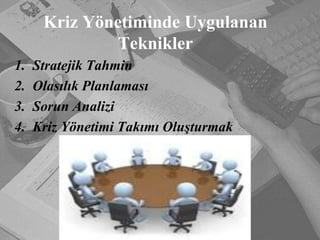 Kriz Yönetiminde Uygulanan TekniklerStratejik TahminOlasılık PlanlamasıSorun AnaliziKriz Yönetimi Takımı Oluşturmak