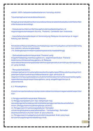 adalah 100% bebasdaripadasebatiansiri homolog alcohol.
Tujuanpengeluaransecarabesarbesaran.
Pengeluaranprodukdihasilkansecarabesarbesaranadalahdisebabkanolehfaktorfakt
orberikutsecarakronologi:
· Kepupusansumbersumberkayugaharudaripadapokokgaharu di
negaranegarautamaseperti Burma, Thailand, Cambodia dan Indonesia.
· KayuGaharuhanyaterdapat di Semenanjung Malaysia terutamanya di negeri
Pahang dan Borneo.
·
PendedahanMasyarakatMelayuterhadapkegunaanminyakgaharuamatrendahmeng
ikut statistic iaitukurangdaripada
1%.Sedangkanpermintaannyadalampasaranduniaadalahtinggi
· Olehsebabkesedaranmasyarakat Thailand yang
tinggiterhadapkegunaankayugaharuini, segelintirpenduduk Thailand
telahmencurikhazanahkayugaharu di Malaysia
secarabesarbesarantanpadisedariolehkerajaanpersekutuanmahupunkerajaanneg
eri yang terlibat.
· Menyedarihakikatini,
makapengeluaranminyakangiberasaskanbungabungaanMelayudankayukayantem
patanperludiperluaskansecarabesarbesaran agar penduduk di
negarainimempunyaikesedaranuntukmemeliharadanmemuliharawarisanbungabu
ngaandankayukayansepertikayugaharu yang sangattingginilainya di
pasarandunia.
6.1 Minyakgaharu
Contohmemperkenalkanprodukprodukinidalamkontekperniagaanadalahsepertiber
ikut:
i) Penggunaanolehmasyarakat Malaysia.
ii) Penggunaanpadamusim haji olehjemaah haji
sesuaidengankehendaksyarakmeletakkanpenggunaanbaubauansebelum
ihram.(Penggunaanminyakwangitanpa alcohol).
iii) Penggunaanminyakwangipadabulan Ramadan
untukmenghidupkansuasanaRamadhan. Tambahanlagi, Ramadan
disambutolehseluruhumat Islam di seluruhdunia.
iv) Penggunaanminyakgaharutulenolehmasyarakat Arab yang kaya
terutamanyagolongankerabatdiraja Arab.
8

 