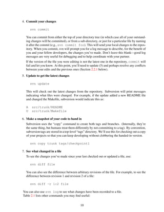4. Commit your changes
svn commit
You can commit from either the top of your directory tree (in which case all of your outstand-
ing changes will be committed), or from a sub-directory, or just for a particular ﬁle by naming
it after the commit (e.g., svn commit foo). This will send your local changes to the repos-
itory. When you commit, svn will prompt you for a log message to describe, for the beneﬁt of
you and your fellow developers, the changes you’ve made. Don’t leave this blank—good log
messages are very useful for debugging and to help coordinate with your partner.
If the version of the ﬁle you were editing is not the latest one in the repository, commit will
fail and let you know. At this point, you’ll need to update (5) and perhaps resolve any conﬂicts
between your edits and the previous ones (Section 2.2.1 below).
5. Update to get the latest changes
svn update
This will check out the latest changes from the repository. Subversion will print messages
indicating what ﬁles were changed. For example, if the update added a new README ﬁle
and changed the Makeﬁle, subversion would indicate this as:
A src/trunk/README
U src/trunk/Makefile
6. Make a snapshot of your code to hand in
Subversion uses the “copy” command to create both tags and branches. (Internally, they’re
the same thing, but humans treat them differently by not committing to a tag). By convention,
subversion tags are stored in a top-level “tags” directory. We’ll use this for checking out a copy
of your projects so that you can keep developing without clobbering the handed-in version.
svn copy trunk tags/checkpoint1
7. See what changed in a ﬁle
To see the changes you’ve made since your last checked out or updated a ﬁle, use:
svn diff file
You can also see the difference between arbitrary revisions of the ﬁle. For example, to see the
difference between revision 1 and revision 2 of a ﬁle:
svn diff -r 1:2 file
You can also use svn log to see what changes have been recorded to a ﬁle.
Table 2.1 lists other commands you may ﬁnd useful:
10
 