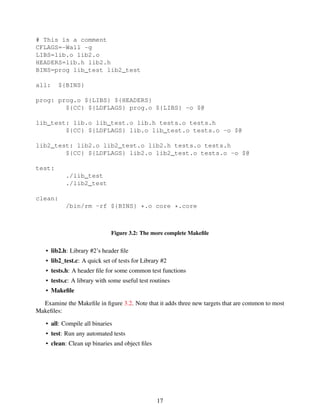 # This is a comment
CFLAGS=-Wall -g
LIBS=lib.o lib2.o
HEADERS=lib.h lib2.h
BINS=prog lib_test lib2_test
all: ${BINS}
prog: prog.o ${LIBS} ${HEADERS}
${CC} ${LDFLAGS} prog.o ${LIBS} -o $@
lib_test: lib.o lib_test.o lib.h tests.o tests.h
${CC} ${LDFLAGS} lib.o lib_test.o tests.o -o $@
lib2_test: lib2.o lib2_test.o lib2.h tests.o tests.h
${CC} ${LDFLAGS} lib2.o lib2_test.o tests.o -o $@
test:
./lib_test
./lib2_test
clean:
/bin/rm -rf ${BINS} *.o core *.core
Figure 3.2: The more complete Makeﬁle
• lib2.h: Library #2’s header ﬁle
• lib2_test.c: A quick set of tests for Library #2
• tests.h: A header ﬁle for some common test functions
• tests.c: A library with some useful test routines
• Makeﬁle
Examine the Makeﬁle in ﬁgure 3.2. Note that it adds three new targets that are common to most
Makeﬁles:
• all: Compile all binaries
• test: Run any automated tests
• clean: Clean up binaries and object ﬁles
17
 
