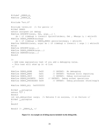 #ifndef _DEBUG_H_
#define _DEBUG_H_
#include "err.h"
#include <stdio.h> /* for perror */
#ifdef DEBUG
extern unsigned int debug;
#define DPRINTF(level, fmt, args...) 
do { if ((debug) & (level)) fprintf(stderr, fmt , ##args ); } while(0)
#define DEBUG_PERROR(errmsg) 
do { if ((debug) & DEBUG_ERRS) perror(errmsg); } while(0)
#define DEBUGDO(level, args) do { if ((debug) & (level)) { args } } while(0)
#else
#define DPRINTF(args...)
#define DEBUG_PERROR(args...)
#define DEBUGDO(args...)
#endif
/*
* Add some explanatory text if you add a debugging value.
* This text will show up in -d list
*/
#define DEBUG_NONE 0x00 // DBTEXT: No debugging
#define DEBUG_ERRS 0x01 // DBTEXT: Verbose error reporting
#define DEBUG_INIT 0x02 // DBTEXT: Debug initialization
#define DEBUG_SOCKETS 0x04 // DBTEXT: Debug socket operations
#define DEBUG_PROCESSES 0x08 // DBTEXT: Debug processes (fork/reap/e
#define DEBUG_ALL 0xffffffff
#ifdef __cplusplus
extern "C" {
#endif
int set_debug(char *arg); /* Returns 0 on success, -1 on failure */
#ifdef __cplusplus
}
#endif
#endif /* _DEBUG_H_ */
Figure 5.1: An example set of debug macros included via the debug.h ﬁle.
24
 