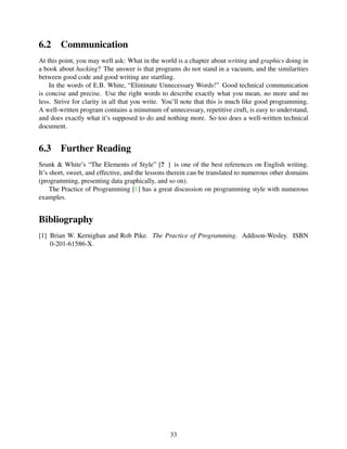 6.2 Communication
At this point, you may well ask: What in the world is a chapter about writing and graphics doing in
a book about hacking? The answer is that programs do not stand in a vacuum, and the similarities
between good code and good writing are startling.
In the words of E.B. White, “Eliminate Unnecessary Words!” Good technical communication
is concise and precise. Use the right words to describe exactly what you mean, no more and no
less. Strive for clarity in all that you write. You’ll note that this is much like good programming.
A well-written program contains a minumum of unnecessary, repetitive cruft, is easy to understand,
and does exactly what it’s supposed to do and nothing more. So too does a well-written technical
document.
6.3 Further Reading
Srunk & White’s “The Elements of Style” [? ] is one of the best references on English writing.
It’s short, sweet, and effective, and the lessons therein can be translated to numerous other domains
(programming, presenting data graphically, and so on).
The Practice of Programming [1] has a great discussion on programming style with numerous
examples.
Bibliography
[1] Brian W. Kernighan and Rob Pike. The Practice of Programming. Addison-Wesley. ISBN
0-201-61586-X.
33
 