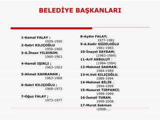 BELEDİYE BAŞKANLARI 1-Kemal FALAY : 1939-1950  2-Sabri KILIÇOĞLU  1950-1960  3-A.İhsan YILDIRIM: 1960-1963  4-Hamdi IŞIKLI ;  1963-1963  5-Ahmet KAHRAMAN ;  1963-1968  6-Sabri KILIÇOĞLU ; 1968-1973 7-Oğuz FALAY ;  1973-1977  8-Aydın FALAY;   1977-1981 9-A.Kadir GÜZELOĞLU  1981-1983 10-İnayet SAYDAM;   (1983-1984) 11-Arif AKBULUT  :  (1984-1984)  12-Mehmet SAKMAN ; 1984-1989  13-H.Veli KILIÇOĞLU ,  1989-1994 14-Mehmet BİLİR  ;  1994-1999  15-Nusuret TIRPANCI ; 1999-1999  16-İsmail TURAN ,  1999-2008 17-Murat Sakman  - 2008-…. 