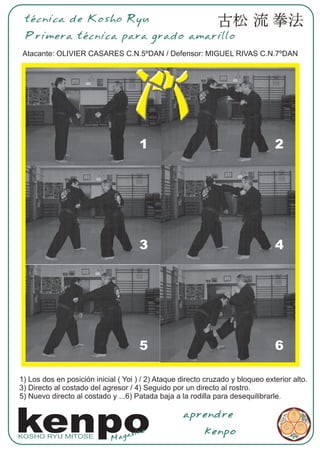 técnica de Kosho Ryu
 Primera técnica para grado amarillo
Atacante: OLIVIER CASARES C.N.5ºDAN / Defensor: MIGUEL RIVAS C.N.7ºDAN




                                      1                                         2




                                      3                                         4




                                      5                                         6

1) Los dos en posición inicial ( Yoi ) / 2) Ataque directo cruzado y bloqueo exterior alto.
3) Directo al costado del agresor / 4) Seguido por un directo al rostro.
5) Nuevo directo al costado y ...6) Patada baja a la rodilla para desequilibrarle.



kenpo
KOSHO RYU MITOSE
                             Mag
                                 az ine
                                                   aprendre
                                                          kenpo
 
