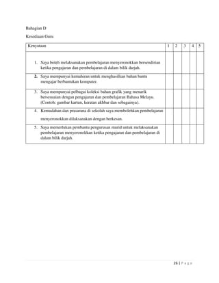 26 | P a g e
Bahagian D
Kesediaan Guru
Kenyataan 1 2 3 4 5
1. Saya boleh melaksanakan pembelajaran menyeronokkan bersendirian
ketika pengajaran dan pembelajaran di dalam bilik darjah.
2. Saya mempunyai kemahiran untuk menghasilkan bahan bantu
mengajar berbantukan komputer.
3. Saya mempunyai pelbagai koleksi bahan grafik yang menarik
bersesuaian dengan pengajaran dan pembelajaran Bahasa Melayu.
(Contoh: gambar kartun, keratan akhbar dan sebagainya).
4. Kemudahan dan prasarana di sekolah saya membolehkan pembelajaran
menyeronokkan dilaksanakan dengan berkesan.
5. Saya memerlukan pembantu pengurusan murid untuk melaksanakan
pembelajaran menyeronokkan ketika pengajaran dan pembelajaran di
dalam bilik darjah.
 