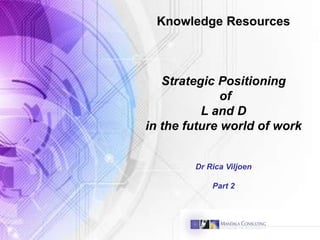 Knowledge Resources
Strategic Positioning
of
L and D
in the future world of work
Dr Rica Viljoen
Part 2
 