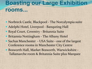 Boasting our Large Exhibition
rooms...
 Norbreck Castle, Blackpool - The Norcalympia suite
 Adelphi Hotel, Liverpool - Banquting Hall
 Royal Court, Coventry - Britannia Suite
 Britannia Nottingham - The Albany Hotel

 Sachas Manchester - USA Suite - one of the largest

Conference rooms in Manchester City Centre
 Bosworth Hall, Market Bosworth, Warwickshire Tallamarche room & Britannia Suite plus Marquee

 