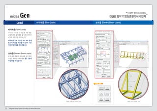 다양한 형태의 하중도 
midas Gen 간단한 영역 지정으로 편리하게 입력 
Load 
바닥하중 (Floor Loads) 보하중 (Element Beam Loads) 
11 Integrated Design System for Building and General Structures 
Load Type 
바닥하중(Floor Loads) 
m i d a s G e n 은 구 조 물 에 작 용 하 는 
고정하중과 활하중을 동시에 고려하여 
바닥판 하중으로 입력합니다. 
바닥하중 입력 기능은 여러 개의 판에 
동시에 하중을 적용할 수 있어서 사용 
자의 반복작업을 최소화합니다. 
보하중(Element Beam Loads) 
부재 내에 등분포, 등변분포, 삼각형 등 
다양한 형태의 분포하중을 쉽고 간편하 
게 입력할 수 있습니다. 
간단한 선택으로 바닥하중 입력 다양한 형태의 보하중 입력 
 