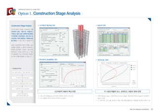 Additional Option to midas Gen 
각 시공단계별로 요소, 경계조건, 하중의 변화 반영 
기본단계(base stage), 시공단계(construction stage), 최종시공단계(final stage)의 세 종류의 
stage가 존재 
각 시공단계는 요소그룹, 경계조건그룹, 하중그룹의 활성화와 비활성화 정의에 의하여 구성 
Option 1. Construction Stage Analysis 
시간의존적 재료의 특성 반영 
서로 다른 재령을 갖는 콘크리트 부재의 크리프/건조수축 
시간 흐름에 따른 콘크리트 부재의 강도발현 
시공단계 지정 
기둥 축소량 그래프 
시간의존적 재료 특성 정의 
콘크리트의 강도발현함수 정의 
Construction Stage Analysis 
Construction Stage Analysis는 콘 
크리트의 강도, 시공기간, 타설조건, 
기후조건 등과 같은 입력변수를 통해 
수직부재의 탄성처짐과 건조수축 및 
크리프에 의해 발생되는 부등축소량 
을 산정할 수 있는 특수 기능입니다. 
실제 시공절차에 따른 단계별 시공 
하중을 반영할 수 없어서 발생되는 
문제(수직부재의 처짐이 과도하게 
평가되어 구조물 상부의 보나 기둥 
의 휨모멘트 및 수직부재의 축력분 
담 왜곡 등)를 해결할 수 있습니다. 
Analysis Flow 
요소그룹, 경계조건 그룹, 하중그룹 지정 
시간의존적 재질 특성 정의 
시간의존적 재질을 일반재질과 연결 
시공단계 및 time step 생성 
시공단계 해석결과와 
완성계 해석결과를 조합 
22 http://kor.midasuser.com/Building 
 