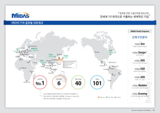 MIDAS Family Programs 
건축구조분야 
midas Gen 
건축분야 범용 해석/설계 
midas Design+ 
Building Engineering 
단위부재설계 
midas SDS 
기초 및 바닥판 해석/설계 
midas GSD 
축부재 전용 단면검토 
midas ADS 
아파트 구조 전용 
midas Modeler 
3D 구조해석 모델 자동 생성 
midas Drawing 
구조도면 및 물량산출 자동 생성 
02 
글로벌 전문 기술인력을 중심으로 
전세계 101개국으로 수출하는 세계적인 기업 
MIDAS IT의 글로벌 네트워크 
http://kor.midasuser.com/Building 
KOZO KEIKAKU ENGINEERING 
ITOCHU Techno-Solutions 
JIP Techno Science 
CREA-TEC 
Cybernet Systems 
Shanghai 
Chengdu 
Guangzhou 
Vietnam 
Chennai 
Thailand 
Malaysia 
Shenyang 
Singapore 
Indonesia 
Taiwan 
세계 최고 
No.1 현지 법인 6 해외 대리점 40 수출국 101 
한국 건축분야/토목분야/지반분야 CAE 소프트웨어 시장 점유율 1위 
중국 토목/지반 구조해석분야 시장점유율 1위 (midas Civil, midas GTS) 
일본 건축 구조해석분야 시장점유율 1위 (midas Gen) 
USA 
(New York) 
UK 
(London) 
China 
(Beijing) 
India 
(Mumbai) 
Japan 
(Tokyo) 
Puerto Rico 
Venezuela 
Ghana 
Nigeria 
Saint Petersburg 
Tanzania 
South Africa 
Ecuador Colombia 
Bolivia 
Chile 
Brazil 
Mexico 
Guatemala 
Seattle 
UAE 
Italy 
Turkey 
Egypt 
Spain 
Algeria 
Lithuania 
Sweden 
Poland 
Netherlands Czech 
Swiss Slovenia 
MIDAS 
(Seoul) 
Russia 
(Moscow) 
Headquarters Branch Offices Sales Offices 
 