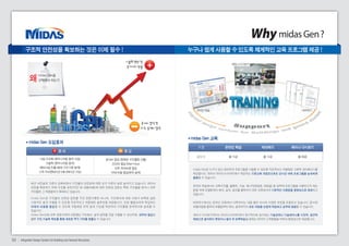 구조적 안전성을 확보하는 것은 이제 필수 ! 누구나 쉽게 사용할 수 있도록 체계적인 교육 프로그램 제공 ! 
기술력 향상 및 
부가가치 창출 
최근 내진설계 기준이 강화되면서 구조물의 안전성에 대한 요구 수준이 날로 높아지고 있습니다. 따라서 
안전을 확보하기 위해 구조물 내진(지진) 및 내풍(바람)에 대한 안정성 검토는 특정 구조물을 벗어나 모든 
구조물로 그 적용범위가 확대되고 있습니다. 
midas Gen은 구조물의 안정성 검토를 구조 전문가뿐만 아니라, 구조해석에 대한 이해가 부족한 일반 
사용자도 쉽게 수행할 수 있도록 직관적이고 자동화된 솔루션을 제공합니다. 또한 불필요하게 투입되는 
자재의 비용을 절감 할 수 있도록 자동화된 최적 설계 기능을 제공하여 구조물을 경제적으로 설계할 수 
있습니다. 
midas Gen으로 외부 전문가에게 의존했던 구조해석, 설계 업무를 직접 수행할 수 있으므로, 외주비 절감은 
물론 구조 기술력 확보를 통해 새로운 부가 가치를 창출할 수 있습니다. 
03 Integrated Design System for Building and General Structures 
midas Gen 교육 
온라인 학습 
따라하기 
세미나 다시보기 
midas Gen은 누구나 쉽고 편리하게 프로그램을 사용할 수 있도록 직관적이고 차별화된 그래픽 인터페이스를 
제공합니다. 따라서 마이다스아이티에서 제공하는 기본교육 과정만으로도 단시간 내에 프로그램을 능숙하게 
활용할 수 있습니다. 
온라인 학습에서는 건축구조물, 플랜트, 가설, 에너지(태양광, 태양열) 등 실무에 프로그램을 사용하고자 하는 
분을 위해 모델링에서 해석, 설계, 결과물 출력까지 모든 과정에서의 기본적인 사용법을 동영상으로 제공하고 
있습니다. 
따라하기에서는 온라인 교육에서 다루어지는 내용 뿐만 아니라 다양한 과정을 포함하고 있습니다. 문서와 
모델파일을 통하여 모델링부터 해석, 설계까지의 모든 과정을 손쉽게 학습하고 실무에 응용할 수 있습니다. 
세미나 다시보기에서는 마이다스아이티에서 정기적으로 실시되는 기술강좌나 기술세미나를 시간적, 공간적 
제한으로 참석하지 못하거나 참석 후 반복학습을 원하는 MODS 고객분들을 위하여 동영상으로 제공합니다. 
사업 다각화 (엔지니어링 용역 사업) 
기술력 (엔지니어링 용역) 
해외사업 진출 (해외 구조기준 탑재) 
고객 프리젠테이션 (애니메이션 기능) 
공사비 절감 (정확한 구조물량 산출) 
인건비 절감 (Man Hour) 
외주 처리비용 절감 
자재 비용 절감(최적 설계) 
강의 수 
Why midas Gen ? 
구 분 
총 15강 
총 12강 
총 99강 
midas Gen 도입효과 
증 대 절 감 
공사비 절감 및 
외주 용역비 절감 
온라인 학습 
세미나 다시보기 
따라하기 
왜?midas Gen을 
선택해야 하는가 
 
