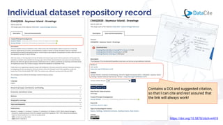 Individual dataset repository record
Contains a DOI and suggested citation,
so that I can cite and rest assured that
the link will always work!
https://doi.org/10.5878/z6ch-m418
 