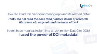 How did I find this “random” monograph and its related data?
Hint: I did not read the book (and funders, deans of research,
librarians, etc may not read the book, either)
I don’t have magical insight into all 22+ million DataCite DOIs!
I used the power of DOI metadata!
 