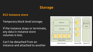 EC2 Instance store
Temporary block level storage;
If the instance stops or terminate,
any data in instance store
volumes is lost;
Can’t be detached from an
instance and attached to another
Storage
 