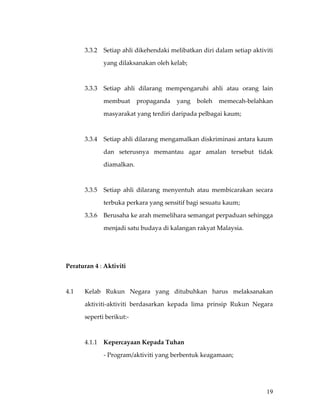  

           3.3.2   Setiap ahli dikehendaki melibatkan diri dalam setiap aktiviti 

                   yang dilaksanakan oleh kelab; 

 

           3.3.3   Setiap  ahli  dilarang  mempengaruhi  ahli  atau  orang  lain 

                   membuat  propaganda  yang  boleh  memecah‐belahkan 

                   masyarakat yang terdiri daripada pelbagai kaum; 

 

           3.3.4  Setiap ahli dilarang mengamalkan diskriminasi antara kaum 

                   dan  seterusnya  memantau  agar  amalan  tersebut  tidak 

                   diamalkan.   

            

           3.3.5  Setiap  ahli  dilarang  menyentuh  atau  membicarakan  secara 

                   terbuka perkara yang sensitif bagi sesuatu kaum;  

           3.3.6  Berusaha ke arah memelihara semangat perpaduan sehingga 

                   menjadi satu budaya di kalangan rakyat Malaysia. 

     

     

    Peraturan 4 : Aktiviti 

     

    4.1    Kelab  Rukun  Negara  yang  ditubuhkan  harus  melaksanakan 

           aktiviti‐aktiviti  berdasarkan  kepada  lima  prinsip  Rukun  Negara 

           seperti berikut:‐ 

     

           4.1.1  Kepercayaan Kepada Tuhan 

                   ‐ Program/aktiviti yang berbentuk keagamaan;   

                                                           

            
                                                                              19
 
