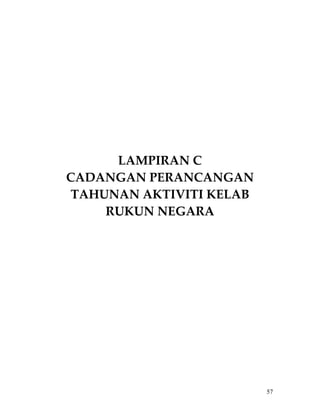  
 
 
 
 
 
 
 
 
 
 
 

         LAMPIRAN C 
    CADANGAN PERANCANGAN 
    TAHUNAN AKTIVITI KELAB 
        RUKUN NEGARA 
 
 
 
 
 
 
 
 
 
 
 
 
 
 
 
 
 
                              57
 