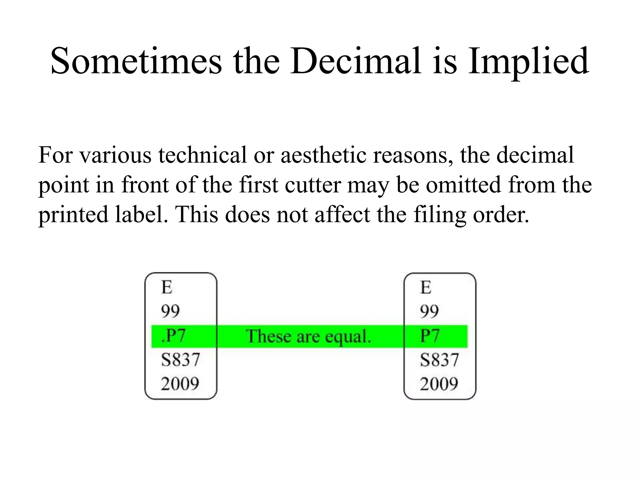 Sometimes the Decimal is Implied
For various technical or aesthetic reasons, the decimal
point in front of the first cutter may be omitted from the
printed label. This does not affect the filing order.
 