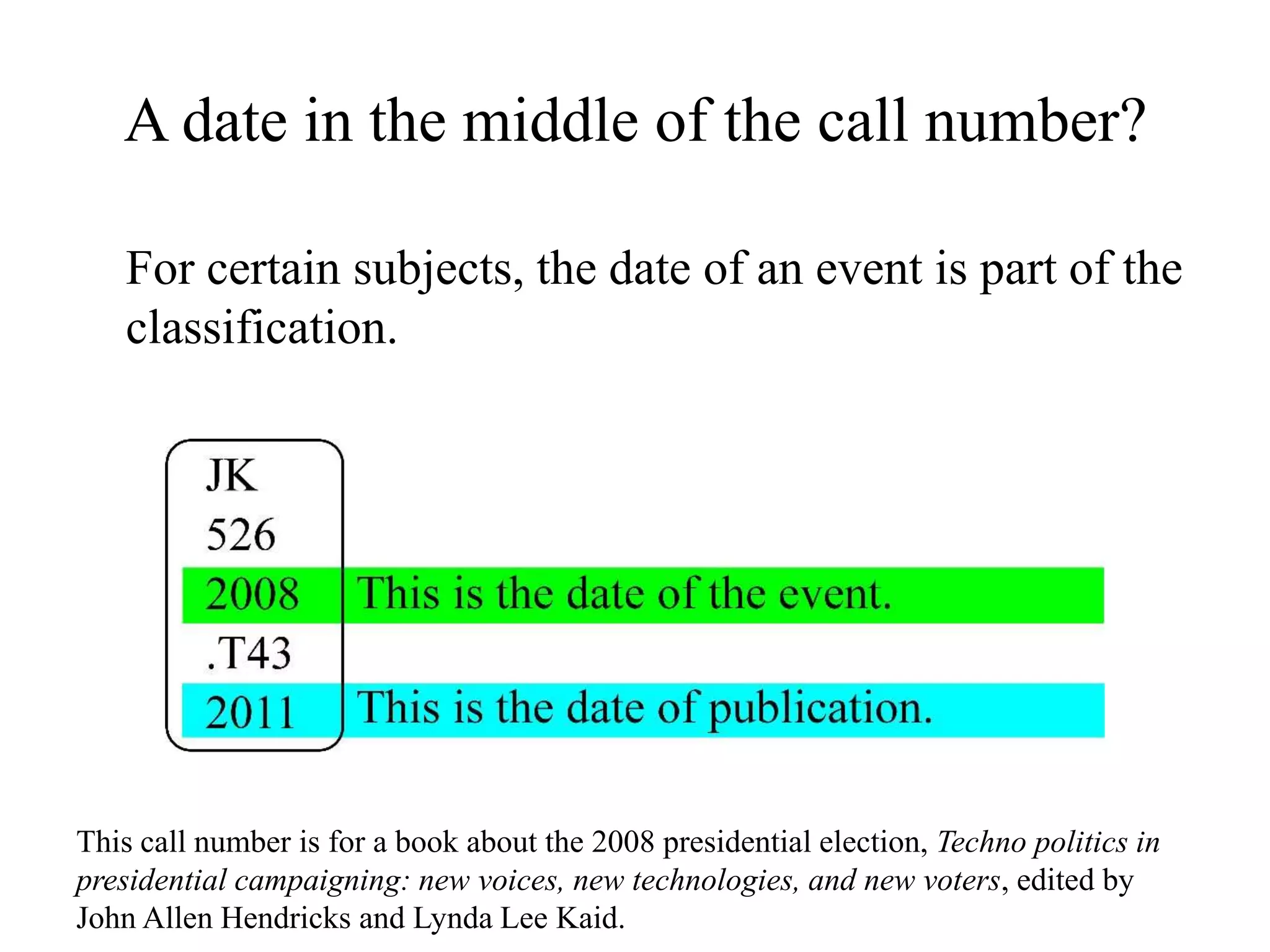 A date in the middle of the call number?
For certain subjects, the date of an event is part of the
classification.
This call number is for a book about the 2008 presidential election, Techno politics in
presidential campaigning: new voices, new technologies, and new voters, edited by
John Allen Hendricks and Lynda Lee Kaid.
 