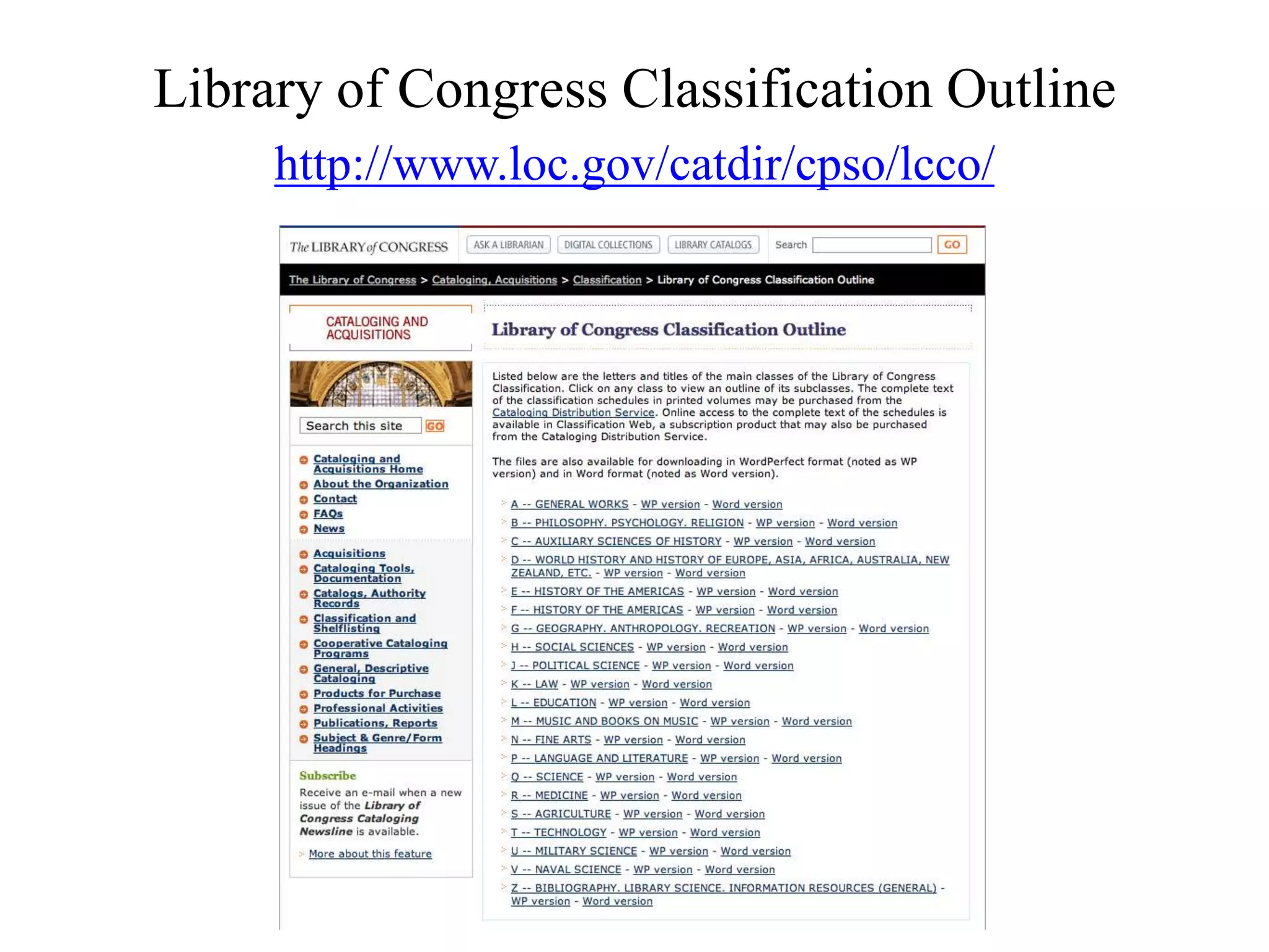 Library of Congress Classification Outline
http://www.loc.gov/catdir/cpso/lcco/
 