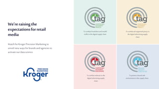 We’reraisingthe
expectationsforretail
media
WatchforKrogerPrecision Marketingto
unveil new waysforbrandsandagencies to
activateourdatascience.
Tocombatfraudulentandinvalid
trafficinthedigitalsupplychain
Tocombatad-supported piracyin
thedigitaladvertisingsupply
chain
Tocombatmalwareinthe
digitaladvertisingsupply
chain
Toprotectabrandsafe
environmentinthesupplychain
 