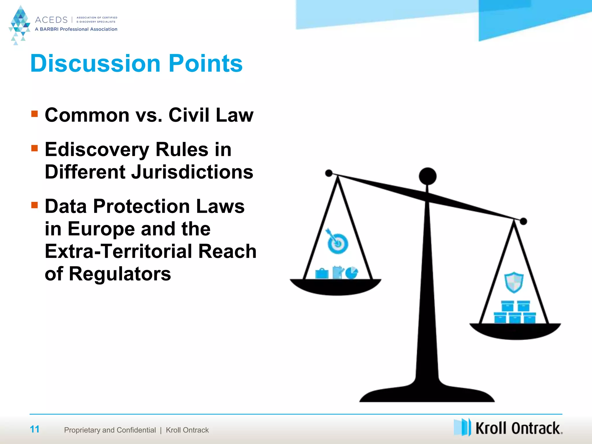 Proprietary and Confidential | Kroll Ontrack11
Discussion Points
 Common vs. Civil Law
 Ediscovery Rules in
Different Jurisdictions
 Data Protection Laws
in Europe and the
Extra-Territorial Reach
of Regulators
 