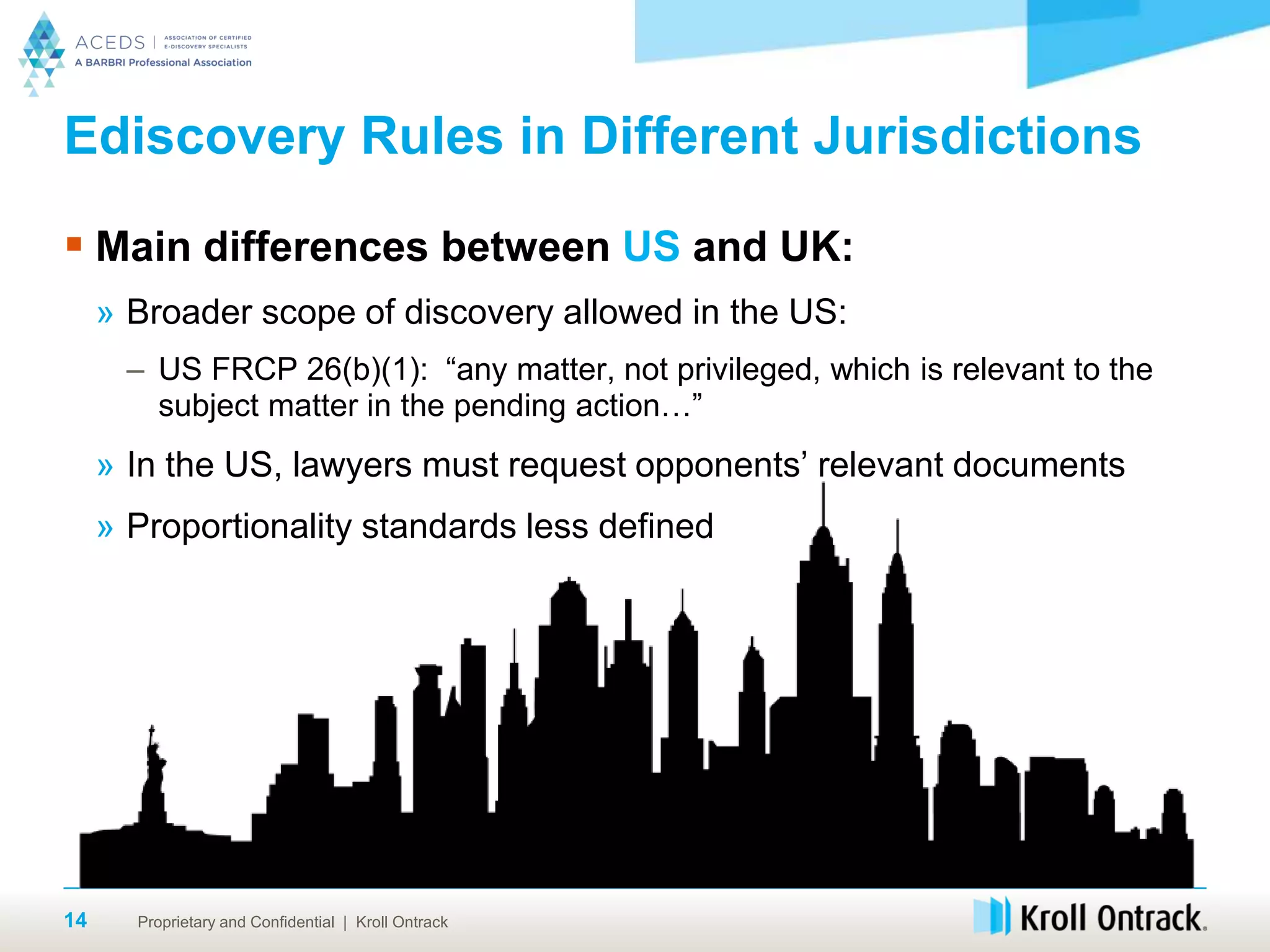Proprietary and Confidential | Kroll Ontrack14
Ediscovery Rules in Different Jurisdictions
 Main differences between US and UK:
» Broader scope of discovery allowed in the US:
– US FRCP 26(b)(1): “any matter, not privileged, which is relevant to the
subject matter in the pending action…”
» In the US, lawyers must request opponents’ relevant documents
» Proportionality standards less defined
 