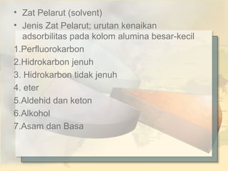 • Zat Pelarut (solvent)
• Jenis Zat Pelarut; urutan kenaikan
adsorbilitas pada kolom alumina besar-kecil
1.Perfluorokarbon
2.Hidrokarbon jenuh
3. Hidrokarbon tidak jenuh
4. eter
5.Aldehid dan keton
6.Alkohol
7.Asam dan Basa

 